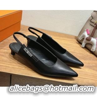 Good Quality Hermes Lover Slingback Pumps 4cm in Calfskin Leather with Kelly Buckle Black H252121 1024005