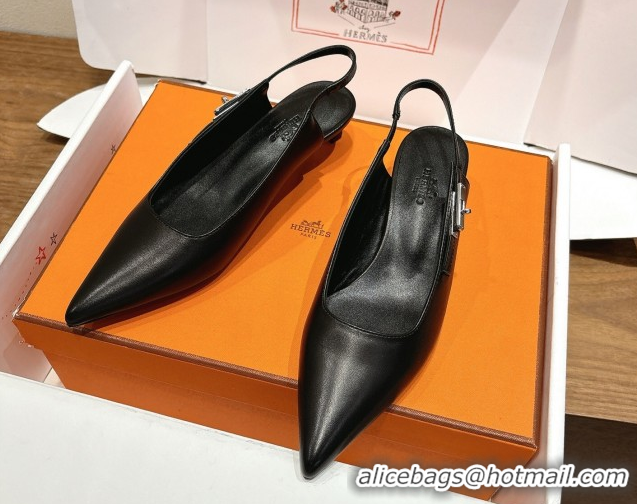 Good Quality Hermes Lover Slingback Pumps 4cm in Calfskin Leather with Kelly Buckle Black H252121 1024005