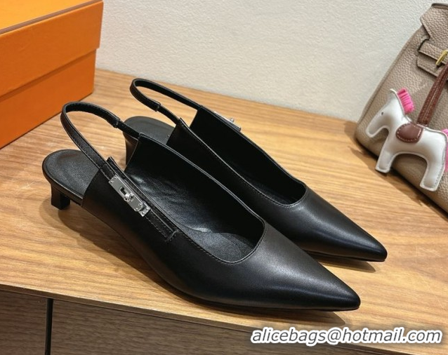 Good Quality Hermes Lover Slingback Pumps 4cm in Calfskin Leather with Kelly Buckle Black H252121 1024005