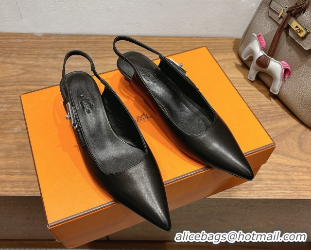 Good Quality Hermes Lover Slingback Pumps 4cm in Calfskin Leather with Kelly Buckle Black H252121 1024005