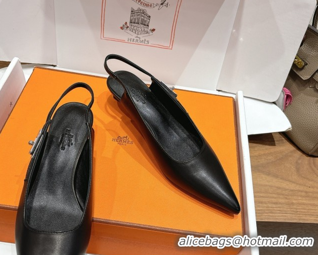 Good Quality Hermes Lover Slingback Pumps 4cm in Calfskin Leather with Kelly Buckle Black H252121 1024005