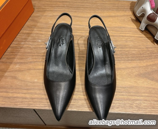 Good Quality Hermes Lover Slingback Pumps 4cm in Calfskin Leather with Kelly Buckle Black H252121 1024005