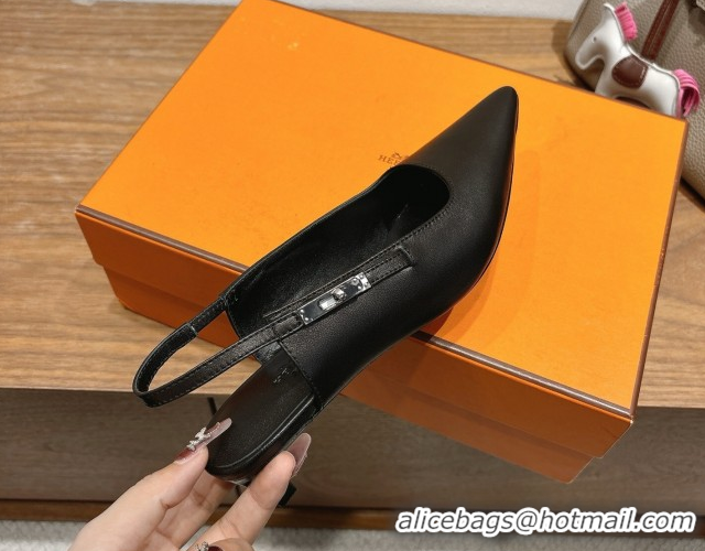 Good Quality Hermes Lover Slingback Pumps 4cm in Calfskin Leather with Kelly Buckle Black H252121 1024005