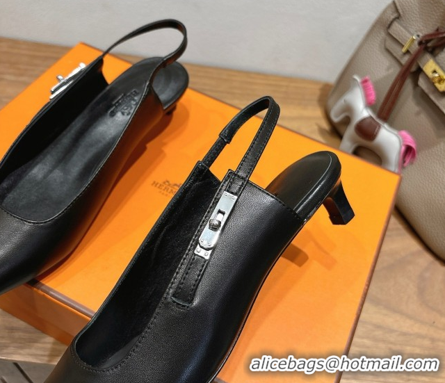 Good Quality Hermes Lover Slingback Pumps 4cm in Calfskin Leather with Kelly Buckle Black H252121 1024005