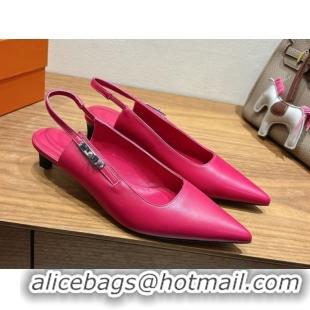 Top Grade Hermes Lover Slingback Pumps 4cm in Calfskin Leather with Kelly Buckle Dark Pink H252121 1024007