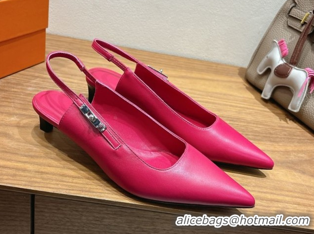 Top Grade Hermes Lover Slingback Pumps 4cm in Calfskin Leather with Kelly Buckle Dark Pink H252121 1024007