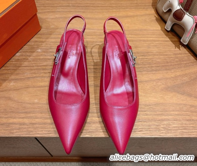 Top Grade Hermes Lover Slingback Pumps 4cm in Calfskin Leather with Kelly Buckle Dark Pink H252121 1024007