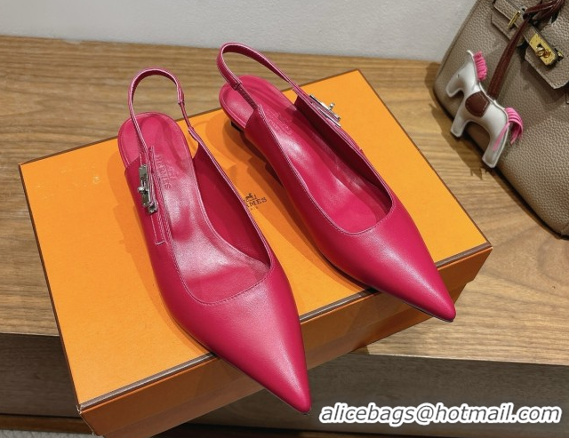Top Grade Hermes Lover Slingback Pumps 4cm in Calfskin Leather with Kelly Buckle Dark Pink H252121 1024007