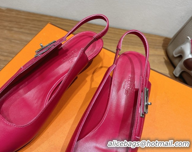 Top Grade Hermes Lover Slingback Pumps 4cm in Calfskin Leather with Kelly Buckle Dark Pink H252121 1024007