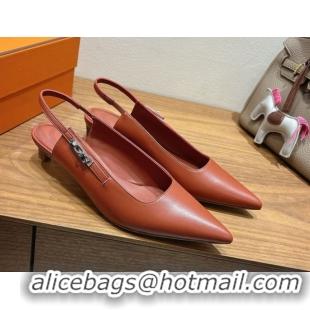 Purchase Hermes Lover Slingback Pumps 4cm in Calfskin Leather with Kelly Buckle Brown H252121 1024008