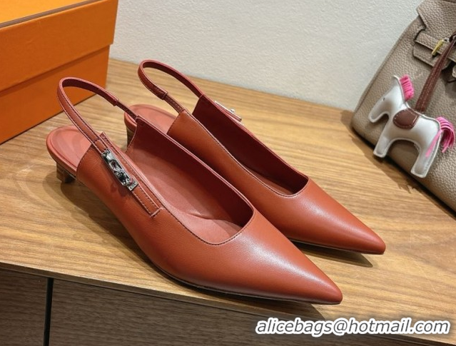 Purchase Hermes Lover Slingback Pumps 4cm in Calfskin Leather with Kelly Buckle Brown H252121 1024008