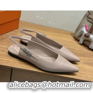 Best Price Hermes Lover Slingbacks Flat in Calfskin Leather with Kelly Buckle Beige Grey H252121 1024009