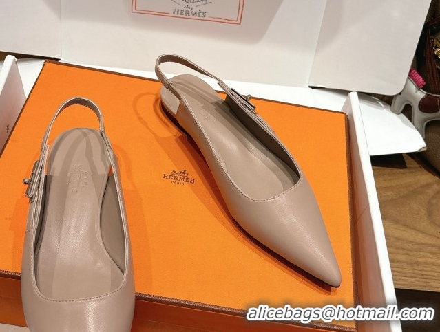 Best Price Hermes Lover Slingbacks Flat in Calfskin Leather with Kelly Buckle Beige Grey H252121 1024009