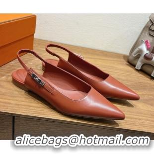 Best Product Hermes Lover Slingbacks Flat in Calfskin Leather with Kelly Buckle Brown H252121 1024011