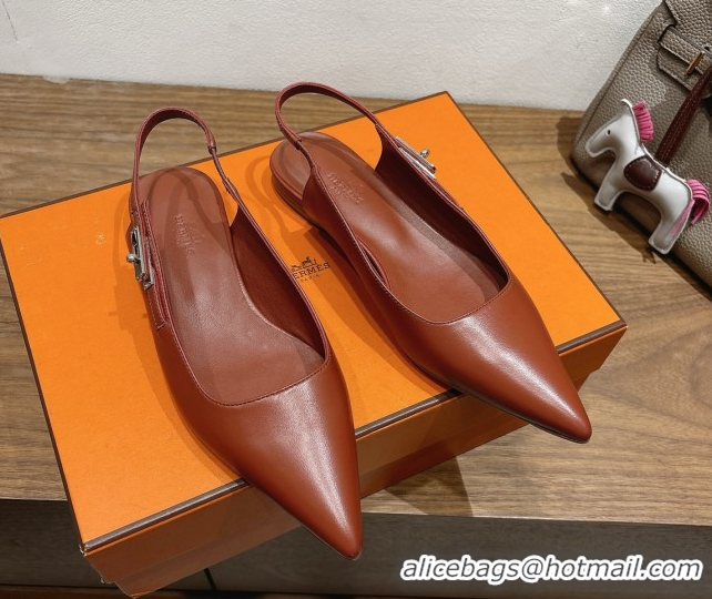 Best Product Hermes Lover Slingbacks Flat in Calfskin Leather with Kelly Buckle Brown H252121 1024011