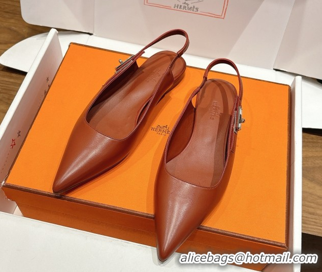 Best Product Hermes Lover Slingbacks Flat in Calfskin Leather with Kelly Buckle Brown H252121 1024011