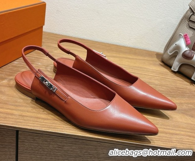 Best Product Hermes Lover Slingbacks Flat in Calfskin Leather with Kelly Buckle Brown H252121 1024011