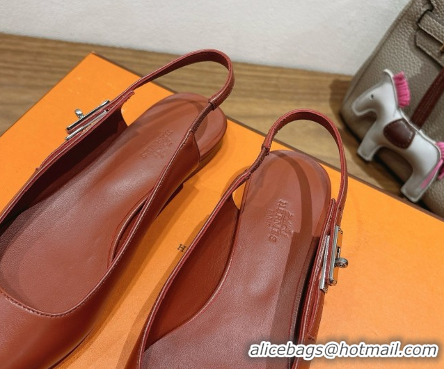 Best Product Hermes Lover Slingbacks Flat in Calfskin Leather with Kelly Buckle Brown H252121 1024011