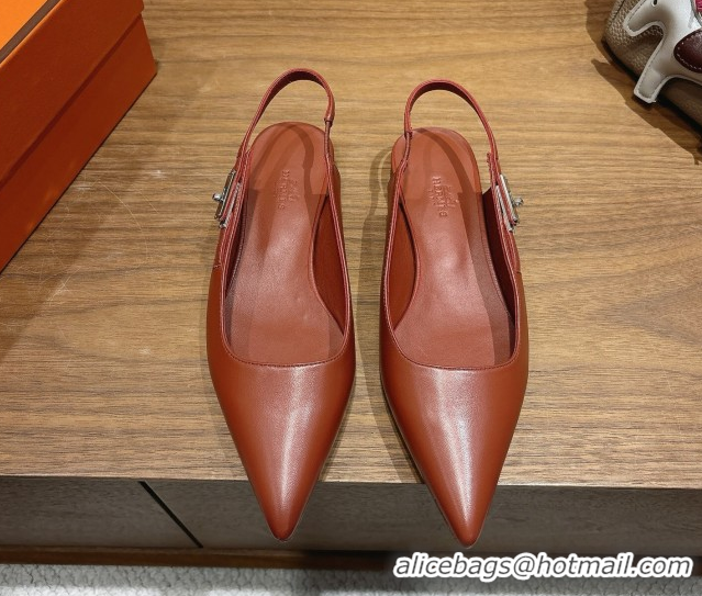 Best Product Hermes Lover Slingbacks Flat in Calfskin Leather with Kelly Buckle Brown H252121 1024011