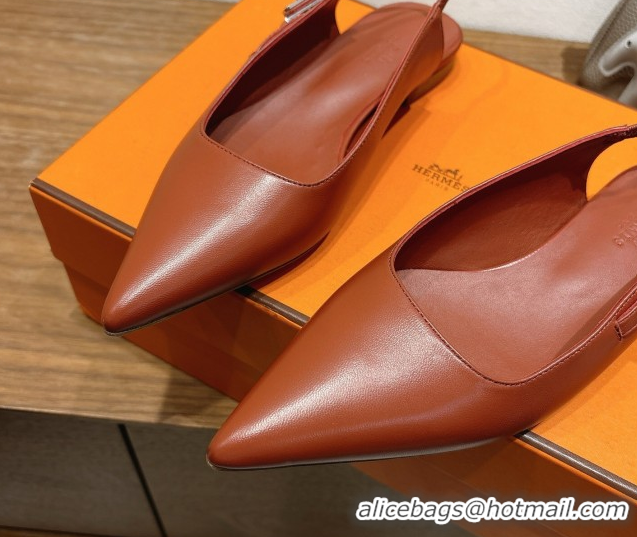 Best Product Hermes Lover Slingbacks Flat in Calfskin Leather with Kelly Buckle Brown H252121 1024011