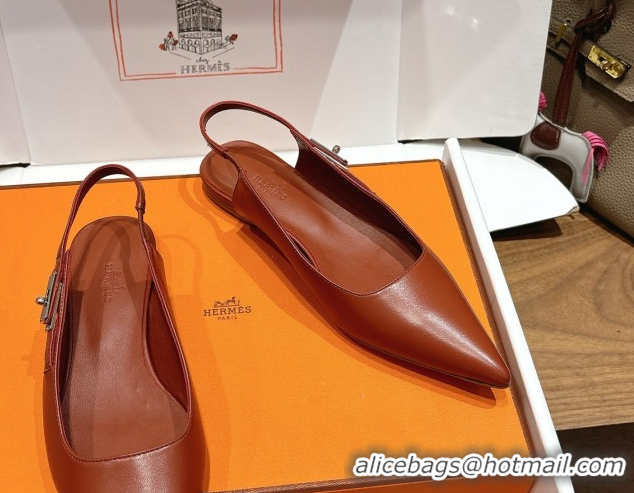 Best Product Hermes Lover Slingbacks Flat in Calfskin Leather with Kelly Buckle Brown H252121 1024011