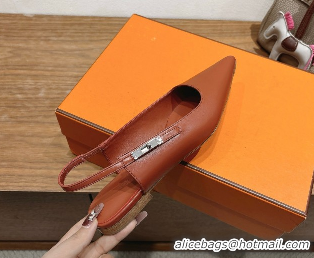 Best Product Hermes Lover Slingbacks Flat in Calfskin Leather with Kelly Buckle Brown H252121 1024011