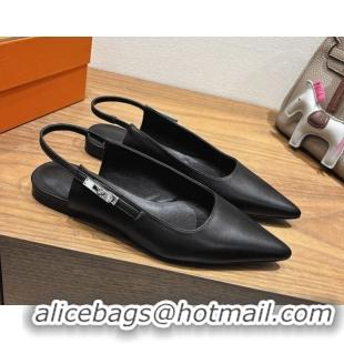 Good Looking Hermes Lover Slingbacks Flat in Calfskin Leather with Kelly Buckle Black H252121 1024012