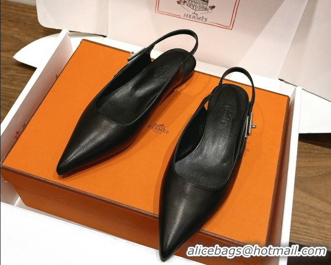 Good Looking Hermes Lover Slingbacks Flat in Calfskin Leather with Kelly Buckle Black H252121 1024012