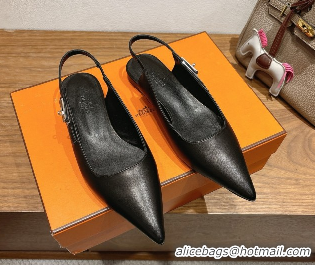 Good Looking Hermes Lover Slingbacks Flat in Calfskin Leather with Kelly Buckle Black H252121 1024012