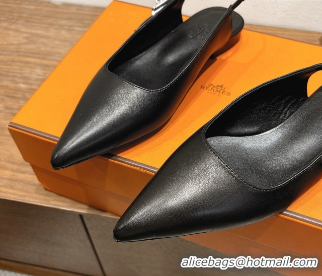 Good Looking Hermes Lover Slingbacks Flat in Calfskin Leather with Kelly Buckle Black H252121 1024012