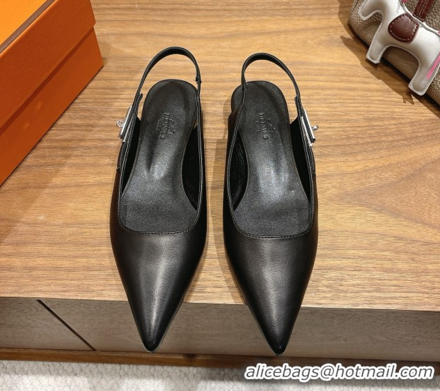 Good Looking Hermes Lover Slingbacks Flat in Calfskin Leather with Kelly Buckle Black H252121 1024012