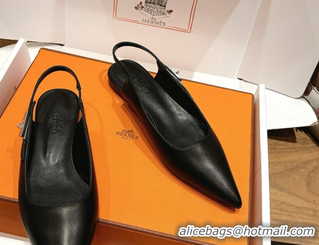 Good Looking Hermes Lover Slingbacks Flat in Calfskin Leather with Kelly Buckle Black H252121 1024012