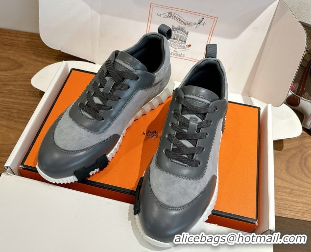 Good Quality Hermes Bouncing Sneakers in Suede and Calfskin Leather Dark Grey 1024013