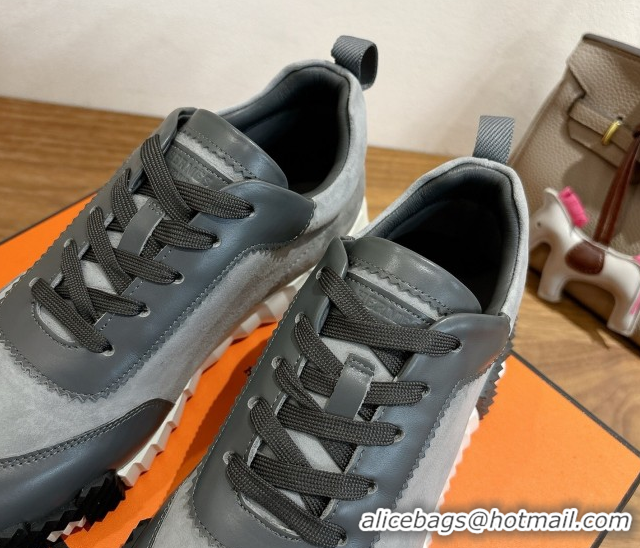 Good Quality Hermes Bouncing Sneakers in Suede and Calfskin Leather Dark Grey 1024013