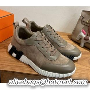 Grade Quality Hermes Bouncing Sneakers in Suede and Calfskin Leather Taupe/Green 1024014