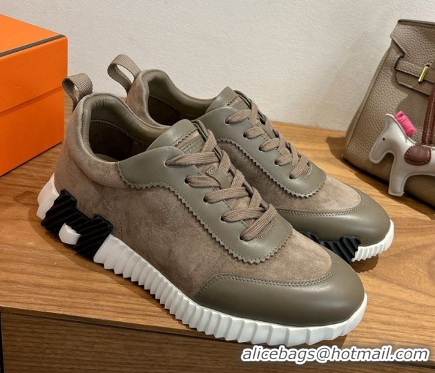 Grade Quality Hermes Bouncing Sneakers in Suede and Calfskin Leather Taupe/Green 1024014