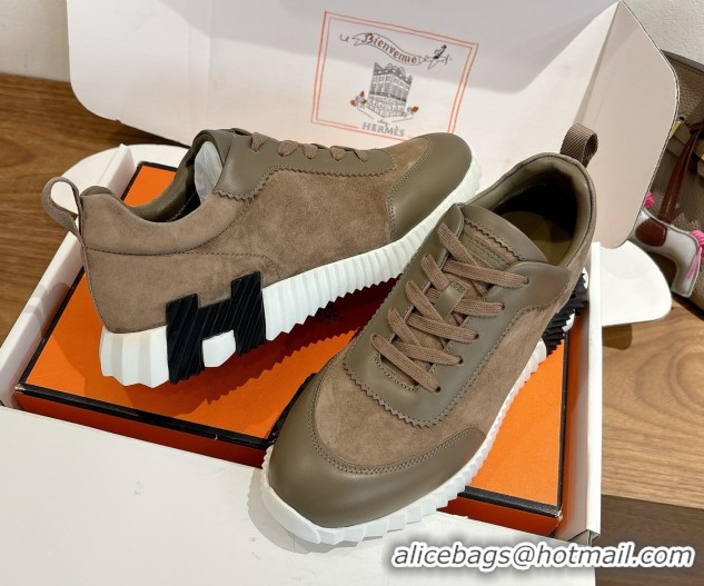 Grade Quality Hermes Bouncing Sneakers in Suede and Calfskin Leather Taupe/Green 1024014