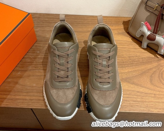 Grade Quality Hermes Bouncing Sneakers in Suede and Calfskin Leather Taupe/Green 1024014