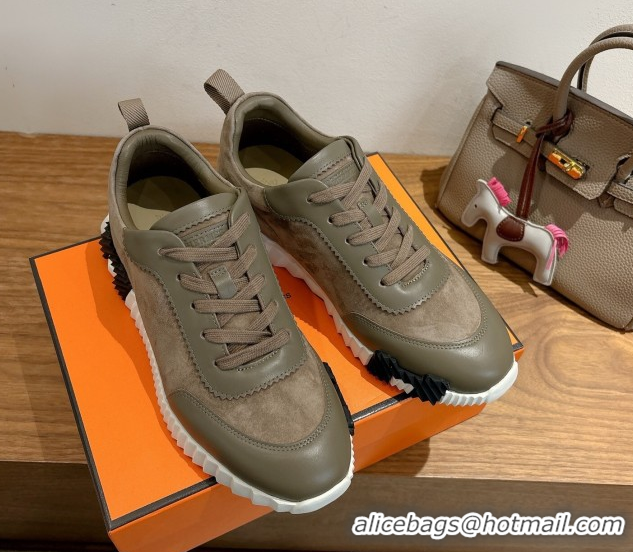 Grade Quality Hermes Bouncing Sneakers in Suede and Calfskin Leather Taupe/Green 1024014