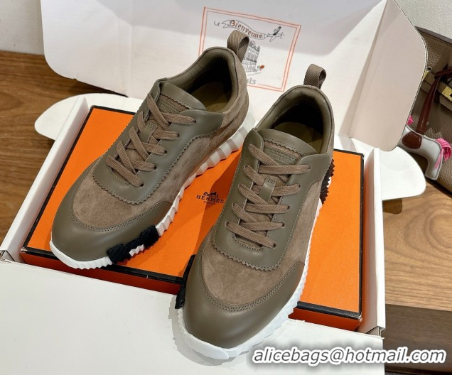 Grade Quality Hermes Bouncing Sneakers in Suede and Calfskin Leather Taupe/Green 1024014