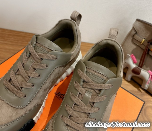 Grade Quality Hermes Bouncing Sneakers in Suede and Calfskin Leather Taupe/Green 1024014