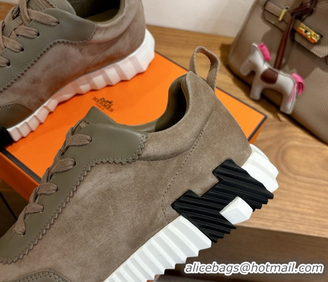 Grade Quality Hermes Bouncing Sneakers in Suede and Calfskin Leather Taupe/Green 1024014