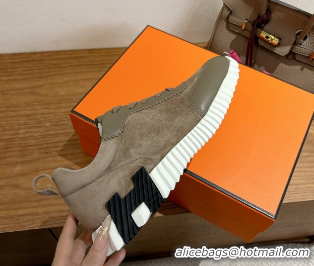 Grade Quality Hermes Bouncing Sneakers in Suede and Calfskin Leather Taupe/Green 1024014