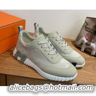 Unique Style Hermes Bouncing Sneakers in Suede and Calfskin Leather Grey/Green 1024015