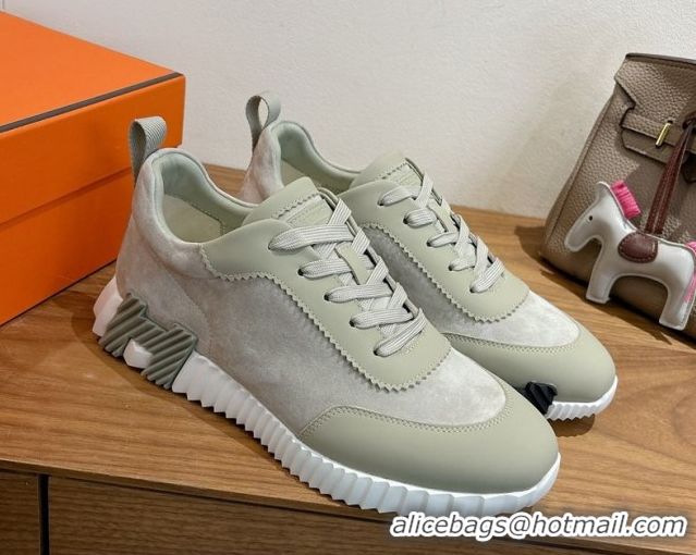 Unique Style Hermes Bouncing Sneakers in Suede and Calfskin Leather Grey/Green 1024015