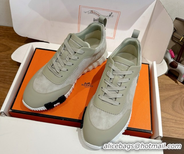 Unique Style Hermes Bouncing Sneakers in Suede and Calfskin Leather Grey/Green 1024015