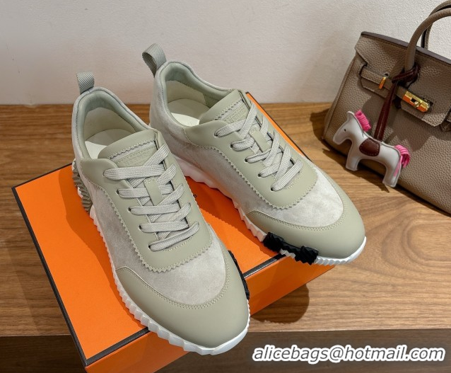 Unique Style Hermes Bouncing Sneakers in Suede and Calfskin Leather Grey/Green 1024015