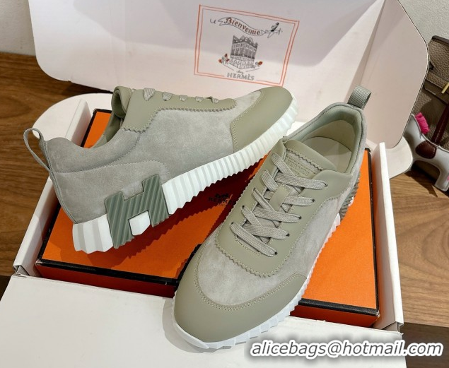 Unique Style Hermes Bouncing Sneakers in Suede and Calfskin Leather Grey/Green 1024015