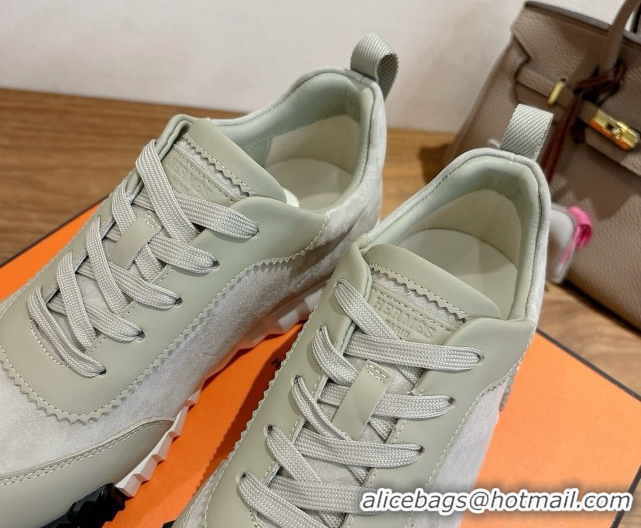 Unique Style Hermes Bouncing Sneakers in Suede and Calfskin Leather Grey/Green 1024015