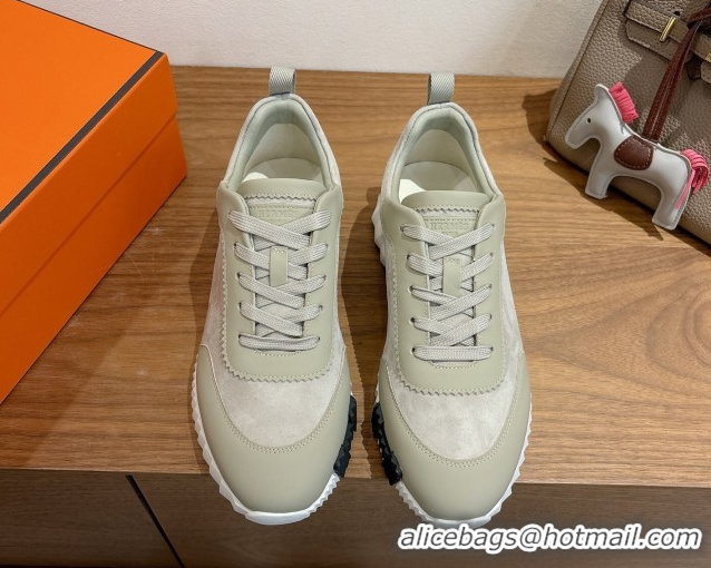 Unique Style Hermes Bouncing Sneakers in Suede and Calfskin Leather Grey/Green 1024015